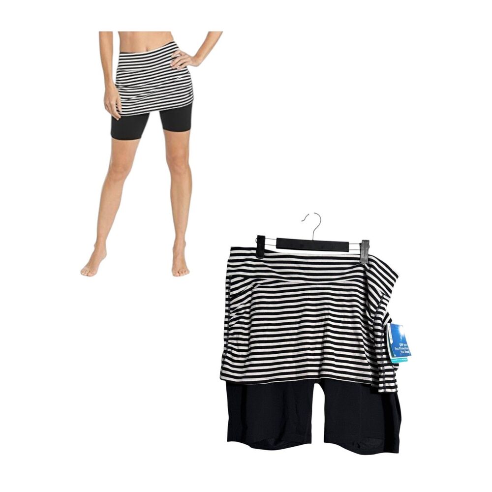Coolibar Shorebreak Skirted Swim Shorts Black White Stripe Size XL NEW with Tags